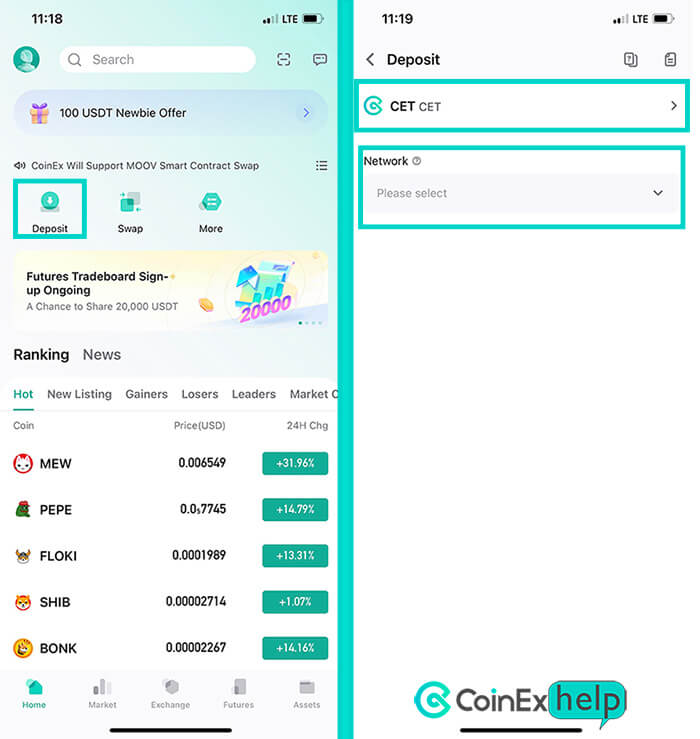 واریز به کوینکس در اپلیکیشن Coinex