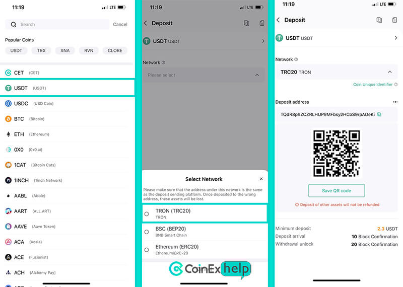انتخاب نوع ارز و شبکه واریزی در اپ