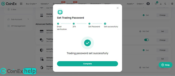 تایید فعال سازی پسورد معاملاتی کوینکس