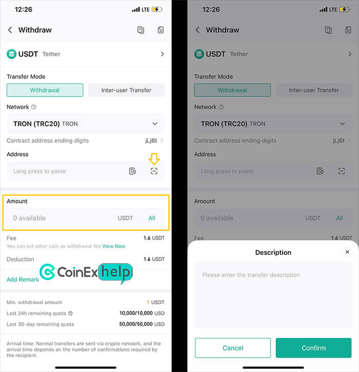 انتخاب ارز و شبکه و مقدار جهت برداشت