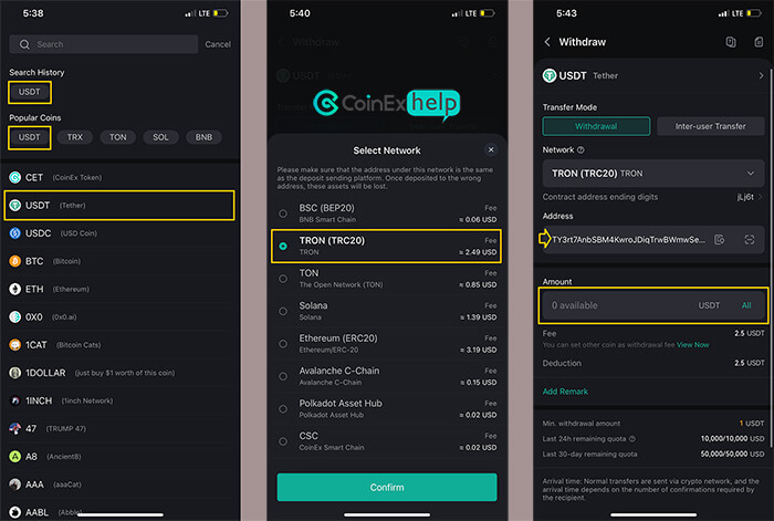 انتخاب ارز و شبکه در صرافی کوینکس