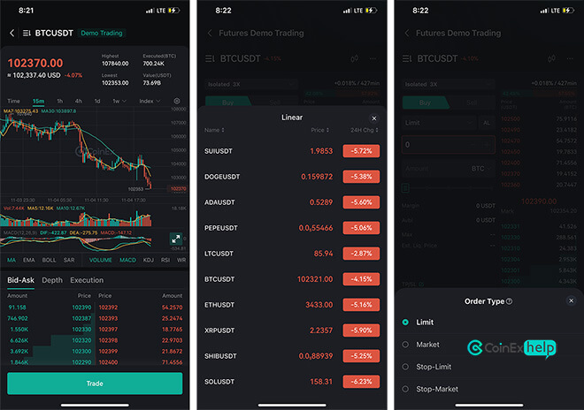 صفحه معاملات دمو در اپ کوینکس